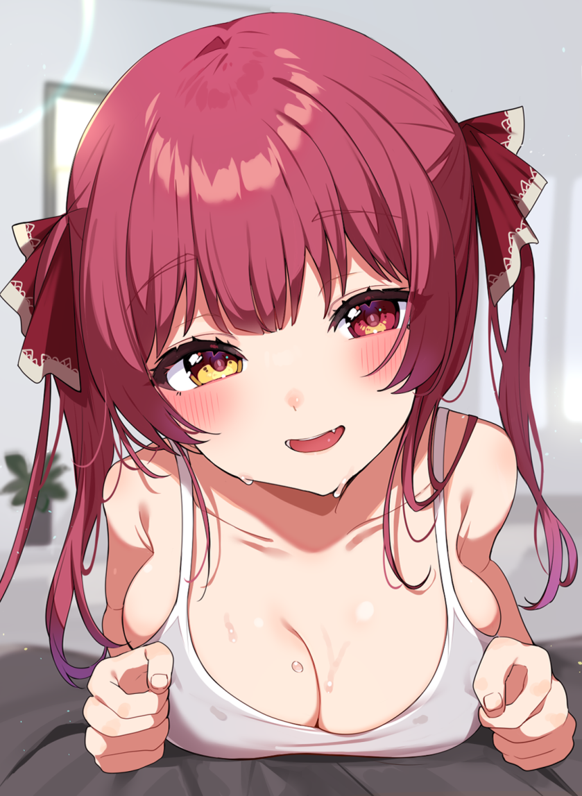 1girl, bare_shoulders, blush, breasts, cleavage, collarbone, fang, hair_ribbon, heterochromia, hololive, houshou_marine, inuyama_nanami, large_breasts, long_hair, looking_at_viewer, open_mouth, red_eyes, red_hair, ribbon, smile, solo, twintails, virtual_youtuber, wet, yellow_eyes