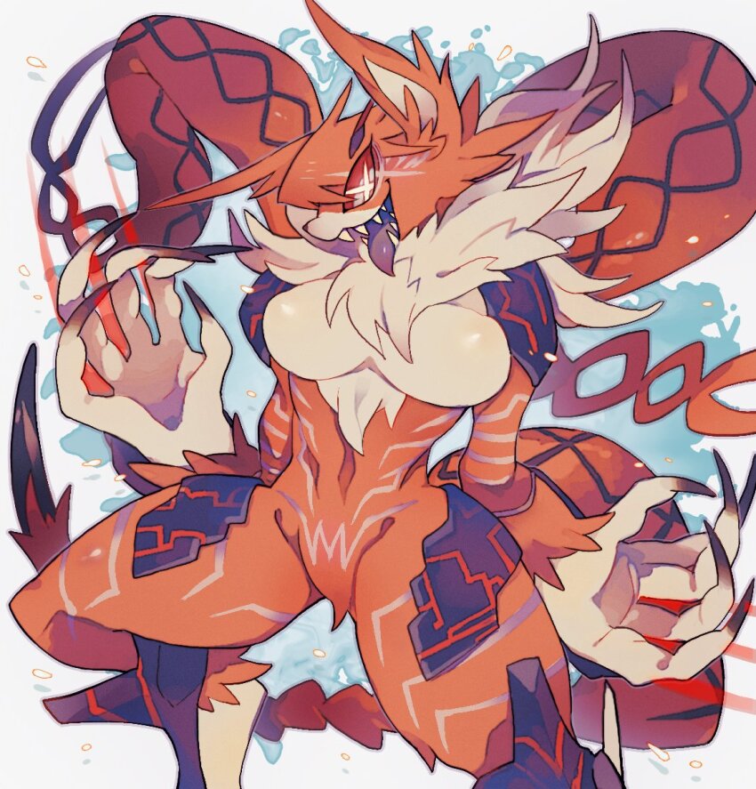 +_+, 1girl, :3, akadako, animal_ears, armor, breasts, cat_ears, cat_girl, cat_tail, crazy_eyes, crazy_smile, digimon, fangs, fur_collar, furry, furry_female, heart, highres, large_breasts, looking_at_viewer, meicrackmon_vicious_mode, open_mouth, red_eyes, sharp_nails, sharp_teeth, smile, solo, tail, teeth, tongue, tongue_out, wide_hips