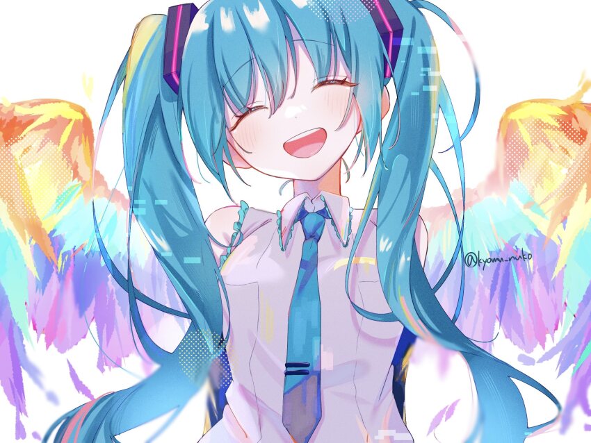 1girl, angel_wings, armpit_crease, arms_behind_back, bare_shoulders, black_sleeves, blue_hair, blue_necktie