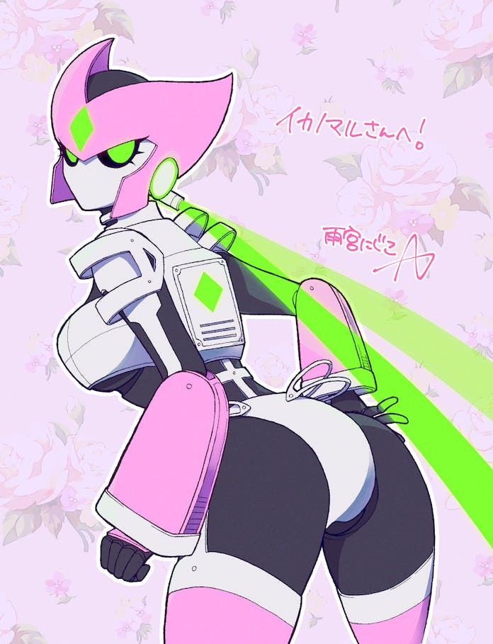 1girl, ass, colored_skin, commission, from_behind, green_eyes, hand_on_own_hip, holographic_hair, humanoid_robot, lonelylgc630, looking_back, mechanical_arms, no_mouth, no_nose, original, ponytail, robot, robot_girl, skeb_commission, white_skin