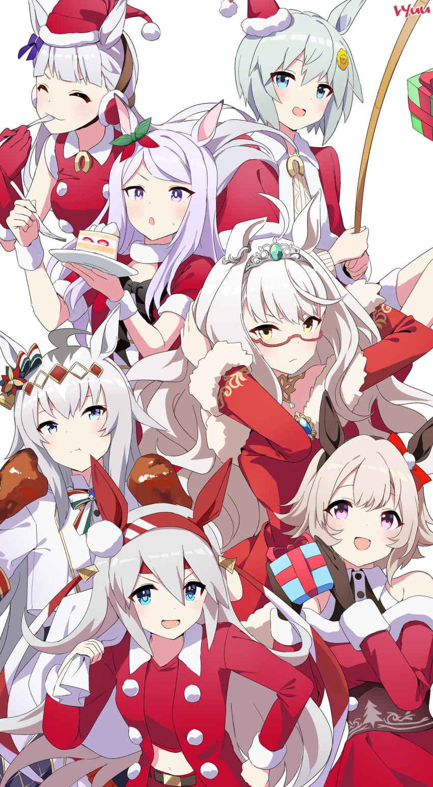 6+girls, :d, absurdres, ahoge, animal_ears, aqua_eyes, artist_name, biwa_hayahide_(rouge_caroler)_(umamusume)