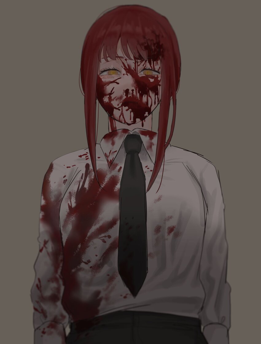 1girl, absurdres, black_necktie, black_pants, blood, blood_on_clothes, blood_on_face, braid, braided_ponytail, chainsaw_man, collared_shirt, grey_background, highres, looking_at_viewer, makima_(chainsaw_man), medium_hair, necktie, nosebleed, pants, ringed_eyes, shirt, shirt_tucked_in, sidelocks, simple_background, solo, white_shirt, yellow_eyes, yuuwaku06