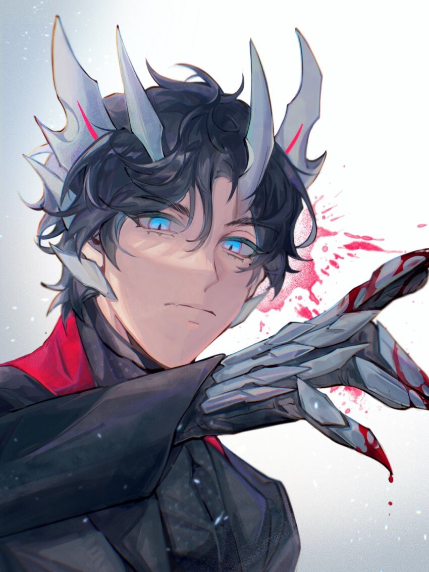 1boy, adapted_costume, black_gloves, black_hair, black_jacket, black_shirt, blood, blood_drip