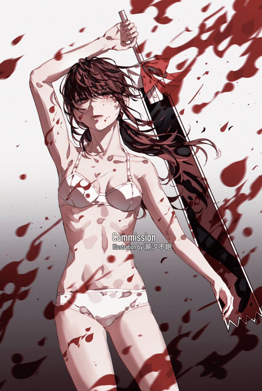 1girl, arm_up, artist_name, black_hair, blood, blood_on_face, blood_splatter, bloody_weapon, blush, bra, chainsaw_man, chaoxibumian, commission, cowboy_shot, gradient_background, highres, holding, holding_sword, holding_weapon, long_hair, looking_at_viewer, mitaka_asa, open_mouth, panties, red_eyes, simple_background, solo, sword, underwear, underwear_only, watermark, weapon, white_background, white_bra, white_panties