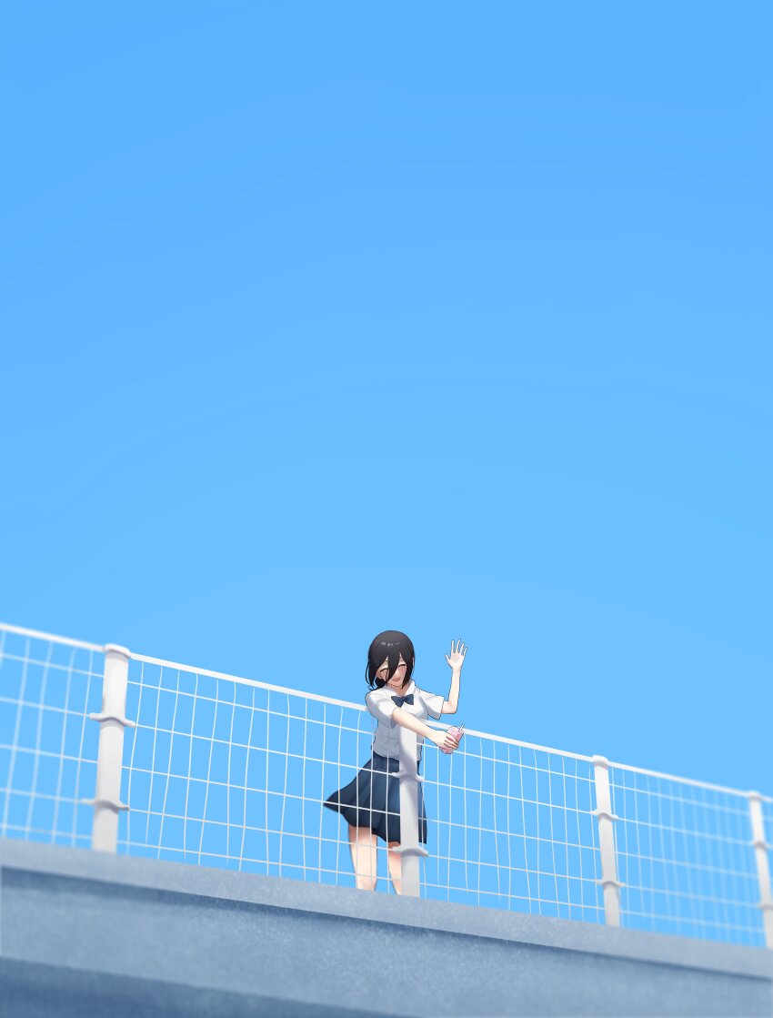 1girl, absurdres, against_railing, blue_bow, blue_skirt, blue_sky, bow, chainsaw_man