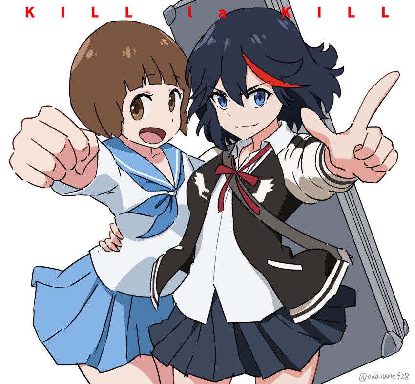 2girls, akane_(akanene928), arm_around_another's_waist, black_hair, blue_eyes, blue_sailor_collar, blue_skirt, blunt_bangs