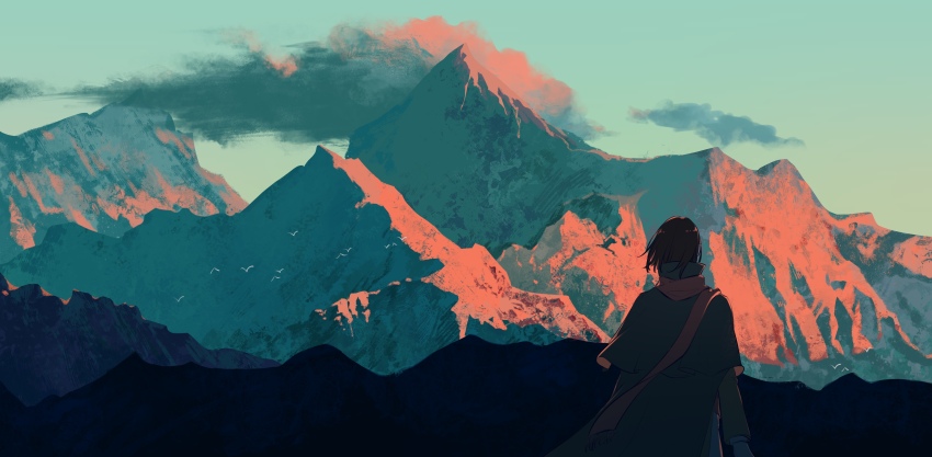 absurdres, angel, bird, black_hair, cape, clear_sky, cloud, dawn, from_behind, fuyou681, highres, klein_moretti, looking_afar, lord_of_the_mysteries, merlin_hermes, mountainous_horizon, outdoors, scarf, shadow, sky, solo, wind