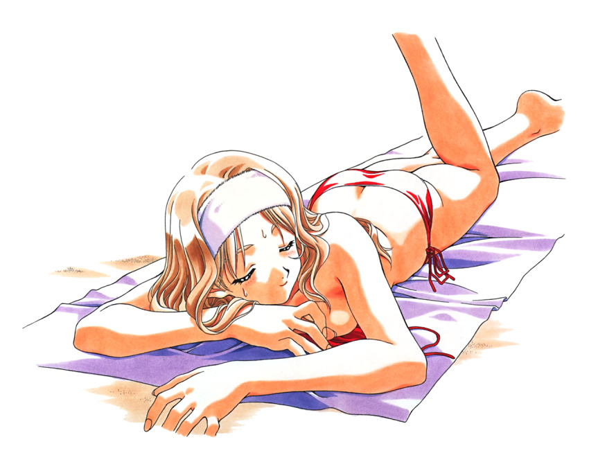 1990s_(style), 1girl, ass, barefoot, bikini, blanket, blonde_hair, breasts