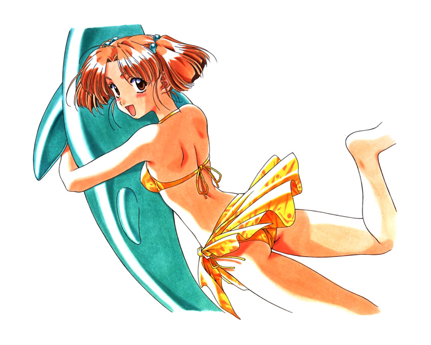 1990s_(style), 1girl, ass, barefoot, bikini, blush, breasts, brown_eyes, brown_hair, hair_bobbles, hair_ornament, inflatable_dolphin, inflatable_toy, kai_tomohisa, looking_at_viewer, looking_back, medium_breasts, nagakura_emiru, non-web_source, hugging_object, official_art, open_mouth, retro_artstyle, sarong, sentimental_graffiti, short_hair, side-tie_bikini_bottom, solo, swimsuit, twintails, yellow_bikini