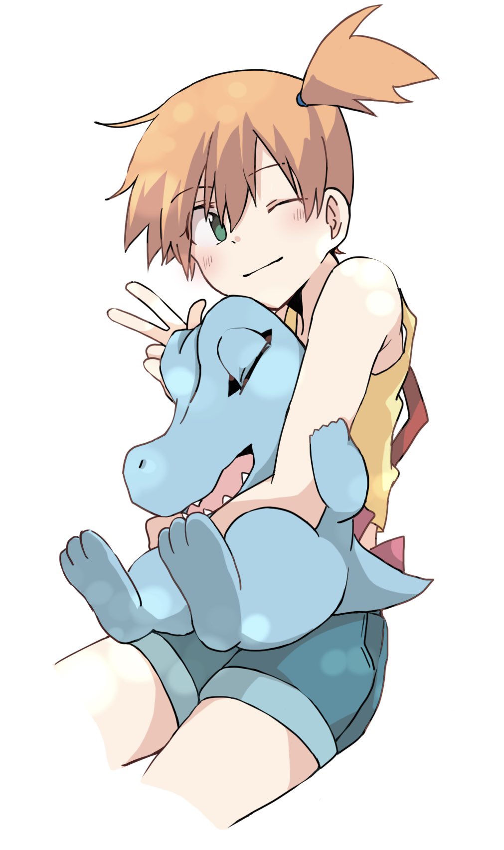 1girl, asymmetrical_hair, blush, closed_mouth, denim, denim_shorts, eyelashes, gen_2_pokemon