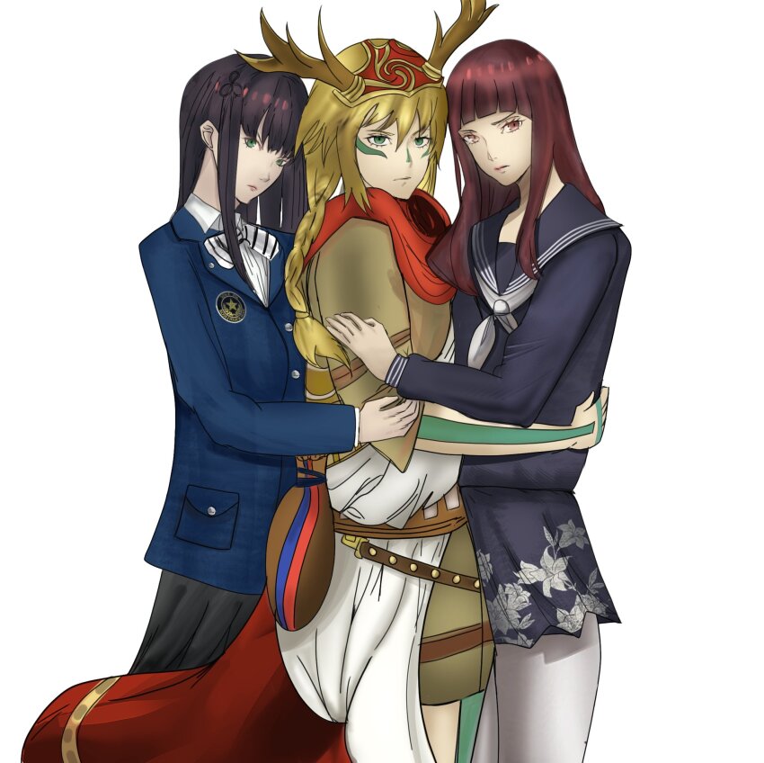 1boy, 2girls, atlus, black_hair, blonde_hair, fionn_mac_cumhaill, fionn_mac_cumhaill_(megami_tensei), green_eyes, highres, hug, itsukishima_sahori, looking_at_viewer, megami_tensei, multiple_girls, nogami_rei, persona, persona_5, red_eyes, red_hair, school_uniform, shin_megami_tensei, shin_megami_tensei_v, tougou_hifumi
