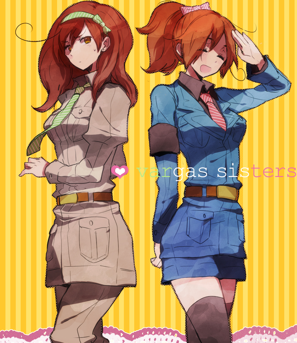 2girls, ^_^, ahoge, alternate_eye_color, alternate_hairstyle, arm_behind_back, arm_up, armband