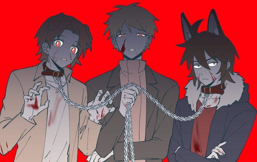 3boys, ahoge, alternate_eye_color, animal_ears, atou_haruki, black_jacket, blonde_hair, blood, blood_on_face, blood_on_hands, blue_jacket, brown_hair, brown_shirt, brown_sweater, chain, chain_leash, collar, collared_shirt, commentary_request, crossed_arms, dog_boy, dog_ears, hair_between_eyes, hands_up, holding, holding_chain, holding_leash, isoi_reiji, jacket, kemonomimi_mode, leash, long_sleeves, male_focus, multiple_boys, open_clothes, open_jacket, open_shirt, parted_bangs, qubagogo, red_collar, red_eyes, red_shirt, ribbed_sweater, saibou_shinkyoku, shinano_eiji, shirt, short_hair, smile, sweater, turtleneck, turtleneck_sweater, white_shirt