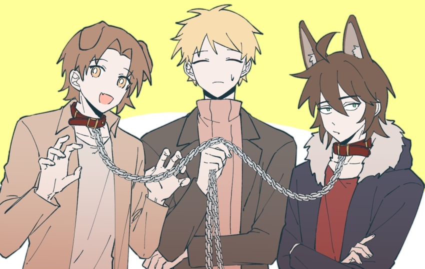 3boys, ahoge, alternate_eye_color, animal_ears, atou_haruki, black_jacket, blonde_hair, blue_jacket, bright_pupils, brown_hair, brown_shirt, brown_sweater, chain, chain_leash, closed_eyes, closed_mouth, collar, collared_shirt, commentary_request, crossed_arms, dog_boy, dog_ears, fang, green_eyes, hair_between_eyes, hands_up, holding, holding_chain, holding_leash, isoi_reiji, jacket, kemonomimi_mode, leash, light_frown, long_sleeves, male_focus, multiple_boys, open_clothes, open_jacket, open_mouth, open_shirt, orange_eyes, parted_bangs, qubagogo, red_collar, red_shirt, ribbed_sweater, saibou_shinkyoku, shinano_eiji, shirt, short_hair, skin_fang, smile, sweat, sweater, turtleneck, turtleneck_sweater, white_pupils, white_shirt