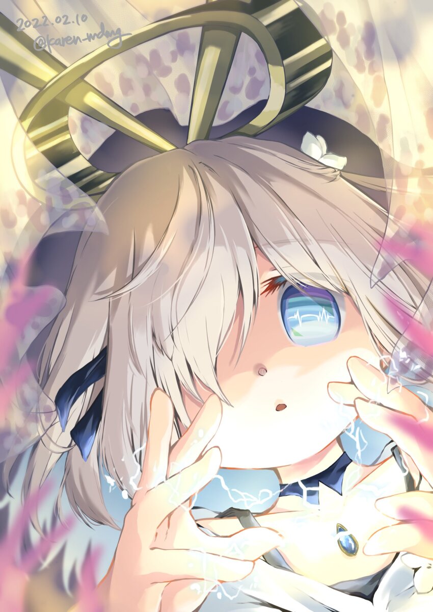 1girl, black_shirt, blue_choker, blue_eyes, blue_gem, blue_ribbon, cardiogram, chest_jewel