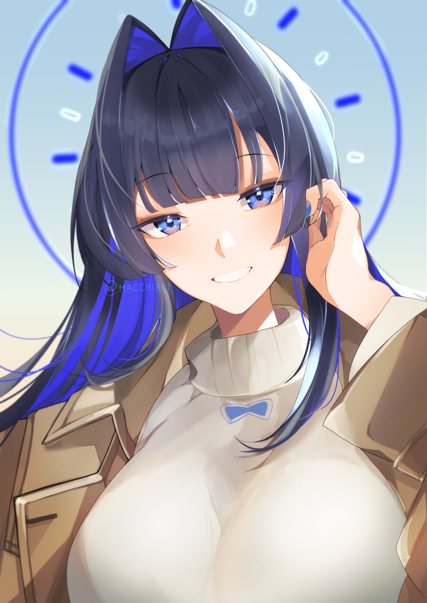 1girl, absurdres, adjusting_hair, artist_name, blue_eyes, blue_hair, blue_nails, breasts, brown_jacket, cleavage, commentary, english_commentary, halo, highres, hololive, hololive_english, jacket, large_breasts, long_hair, looking_at_viewer, macchirei, mechanical_halo, nail_polish, ouro_kronii, ouro_kronii_(casual), shirt, smile, virtual_youtuber, white_shirt