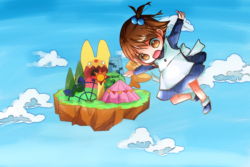 1girl, arle_nadja, blue_footwear, blue_skirt, blue_sky, brown_hair, carbuncle_(puyopuyo), chia_aich