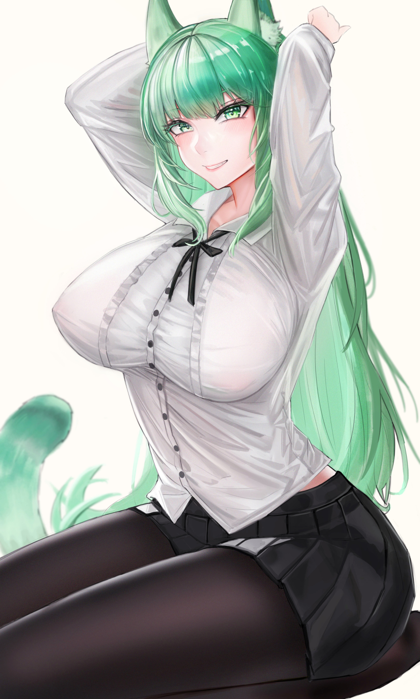 1girl, absurdres, animal_ear_fluff, animal_ears, arknights, arms_behind_head, arms_up, black_pantyhose, breasts, cat_ears, cat_girl, cat_tail, collared_shirt, green_eyes, green_hair, harmonie_(arknights), highres, large_breasts, long_hair, long_sleeves, minuolin, neck_ribbon, pantyhose, pleated_skirt, ribbon, shirt, skirt, smile, tail, white_shirt