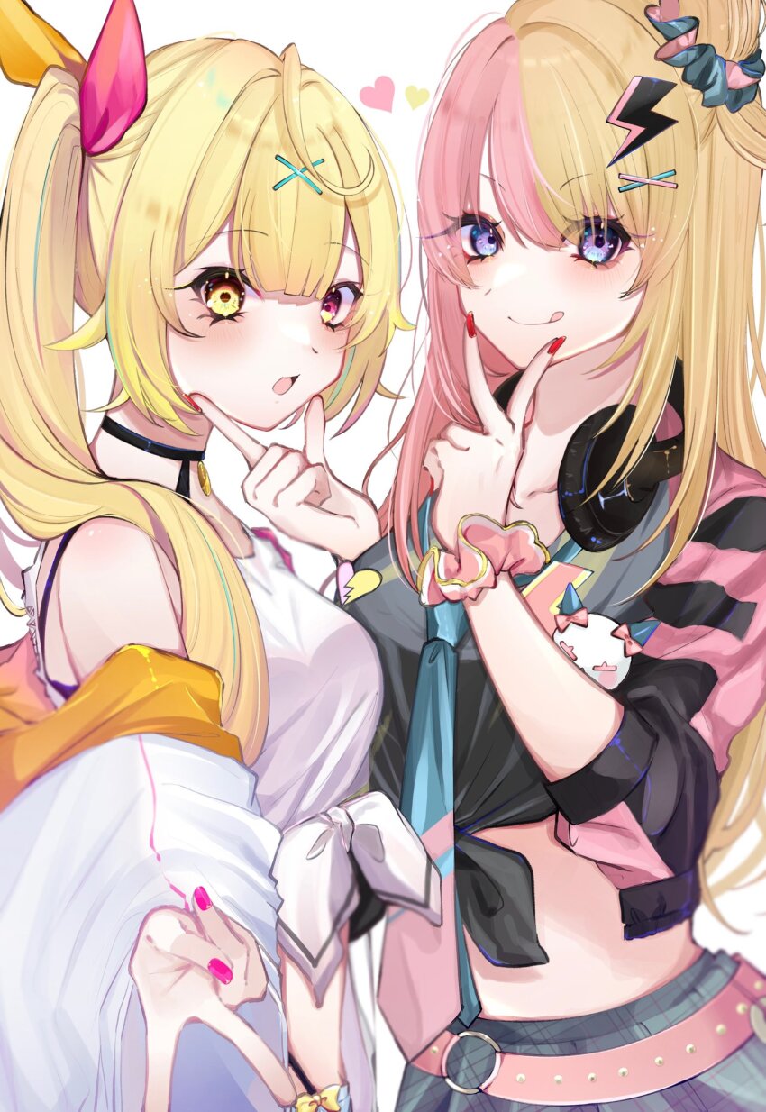 2girls, :q, amesuku_gyaru, bare_shoulders, belt, black_choker, black_shirt, blonde_hair, blue_eyes, blue_necktie, blue_shorts, blue_skirt, breasts, choker, gyaru, hair_between_eyes, hair_bun, hair_ornament, hair_scrunchie, hand_on_another's_chin, headphones, headphones_around_neck, heart, heterochromia, highleg, highleg_panties, highres, hoshikawa_sara, hoshikawa_sara_(1st_costume), jacket, kogal, kotoka_torahime, kotoka_torahime_(1st_costume), large_breasts, lightning_bolt, lightning_bolt_hair_ornament, lightning_bolt_symbol, long_hair, looking_at_viewer, midriff, multicolored_hair, multiple_girls, necktie, nijisanji, nijisanji_en, o-ring, off_shoulder, panties, pink_belt, pink_eyes, pink_hair, pink_nails, pink_necktie, plaid_clothes, plaid_skirt, red_nails, school_uniform, scrunchie, shirt, shorts, side_ponytail, skirt, smile, split-color_hair, swept_bangs, tank_top, tied_shirt, tongue, tongue_out, underwear, v, very_long_hair, virtual_youtuber, white_jacket, white_shirt, x_hair_ornament, yellow_eyes, yukishiro_(boma_winter)