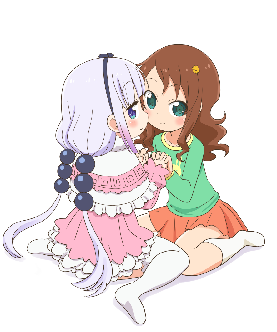 2girls, beads, blue_eyes, blunt_bangs, blush, brown_hair, capelet, child