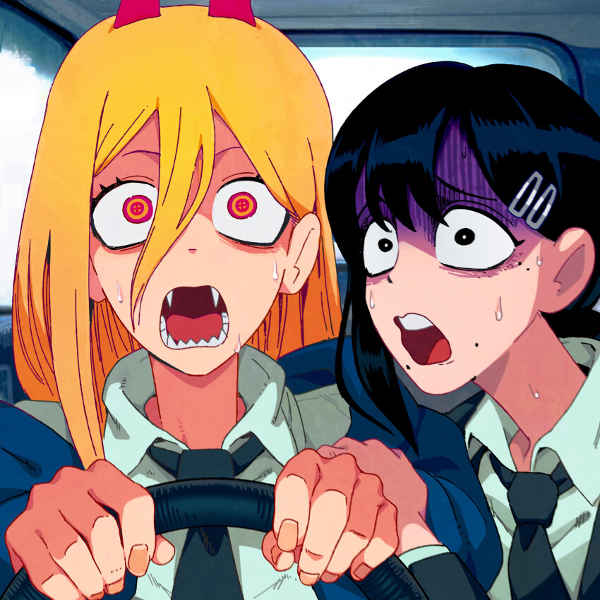 2girls, absurdres, aisendraw, black_hair, black_jacket, black_necktie, blonde_hair, car_interior