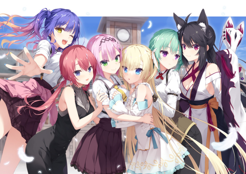 6+girls, ahoge, animal_ears, bare_shoulders, black_dress, black_hairband, blonde_hair, blue_eyes