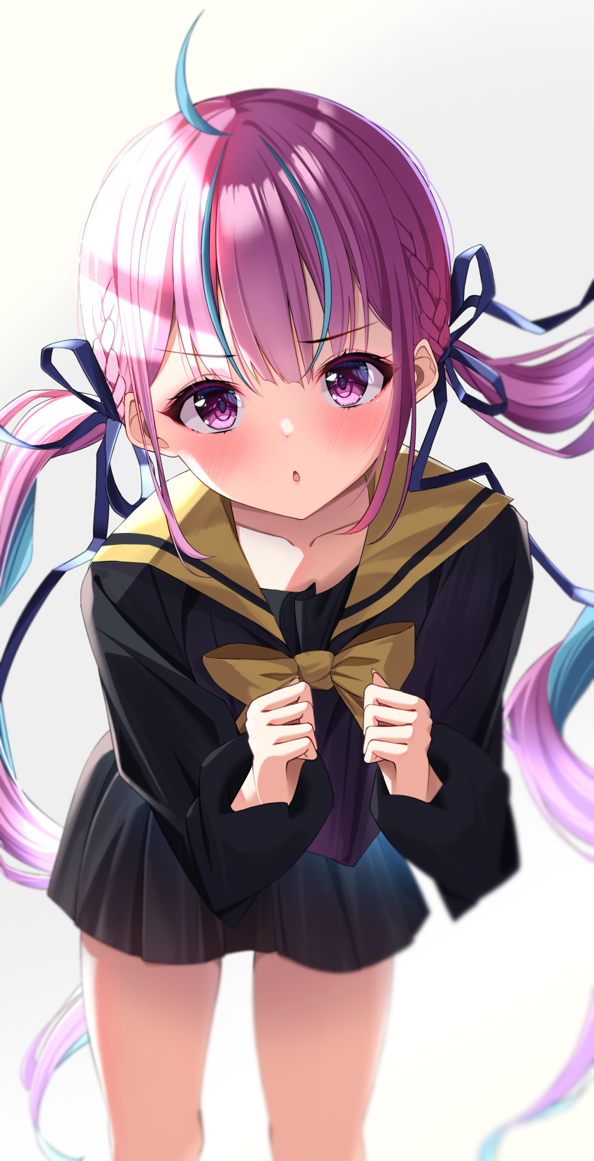 1girl, :o, absurdres, ahoge, asphalt494, black_shirt, black_skirt, blue_hair