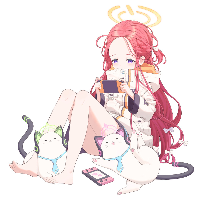 1girl, absurdres, bare_legs, barefoot, blue_archive, bow, braid, cat