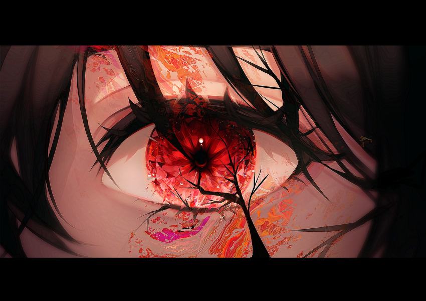 1girl, 58_(opal_00_58), bare_tree, black_hair, close-up, commentary, crystal_eye, english_commentary