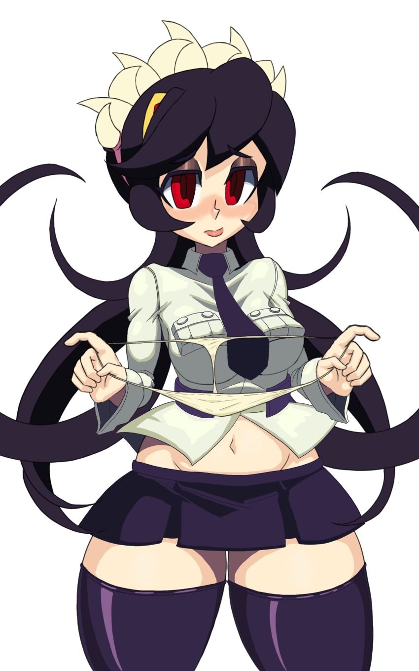 1girl, 4m4y0r1, absurdres, black_hair, blush, cowboy_shot, filia_(skullgirls), groin