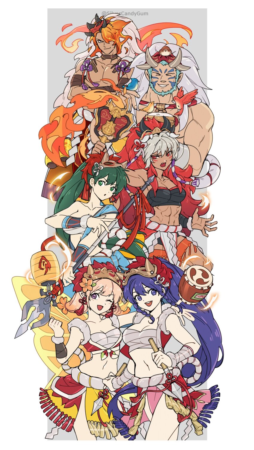 2boys, 4girls, ;d, ^_^, abs, absurdres, bandages, bandeau, bare_shoulders, beard, bird, blonde_hair, blue_hair, breasts, character_request, chest_sarashi, choker, cleavage, closed_eyes, commentary_request, cowboy_shot, facial_hair, fang, fire_emblem, fire_emblem:_path_of_radiance, fire_emblem:_radiant_dawn, fire_emblem:_the_blazing_blade, fire_emblem:_the_sacred_stones, fire_emblem_fates, fire_emblem_heroes, green_eyes, green_hair, grey_hair, gunbai, highres, holding, holding_polearm, holding_weapon, large_breasts, looking_at_viewer, lyn_(fire_emblem), lyn_(flame)_(fire_emblem), mask, mask_on_head, midriff, mordecai_(fire_emblem), mordecai_(flame)_(fire_emblem), multiple_boys, multiple_girls, muscular, muspell_(fire_emblem), muspell_(flame)_(fire_emblem), navel, nintendo, official_alternate_costume, one_eye_closed, open_mouth, pelvic_curtain, peony_(fire_emblem), peony_(flame)_(fire_emblem), polearm, ponytail, purple_eyes, red_eyes, rinkah_(fire_emblem), rinkah_(flame)_(fire_emblem), sarashi, short_hair, silvercandy_gum, smile, spear, standing, stomach, strapless, tana_(fire_emblem), tana_(flame)_(fire_emblem), thighs, tube_top, war_fan, weapon
