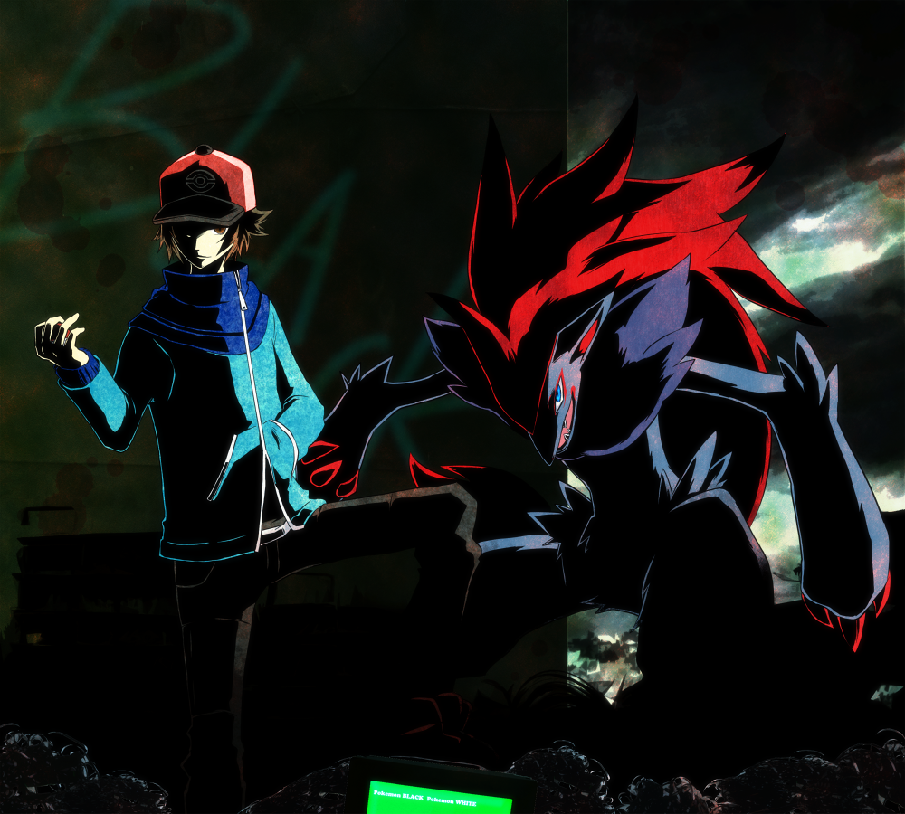 10s, 1boy, bad_id, bad_pixiv_id, baseball_cap, brown_eyes, brown_hair, dark, gen_5_pokemon, hat, hilbert_(pokemon), male_focus, nintendo, peco_poco_peco, poke_ball, pokemon, pokemon_(creature), pokemon_black_and_white, zoroark