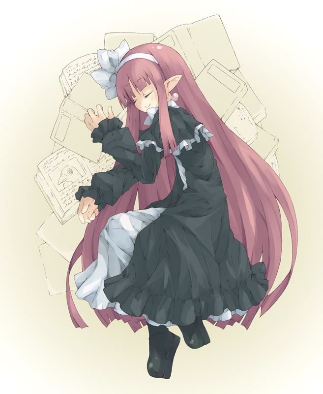 1girl, bad_id, bad_pixiv_id, book, bow, closed_eyes, demon_girl, disgaea, dress, female_focus, long_hair, mage_(disgaea), nippon_ichi, pointy_ears, prinny, red_hair, sleeping, smile, solo, umizono, very_long_hair