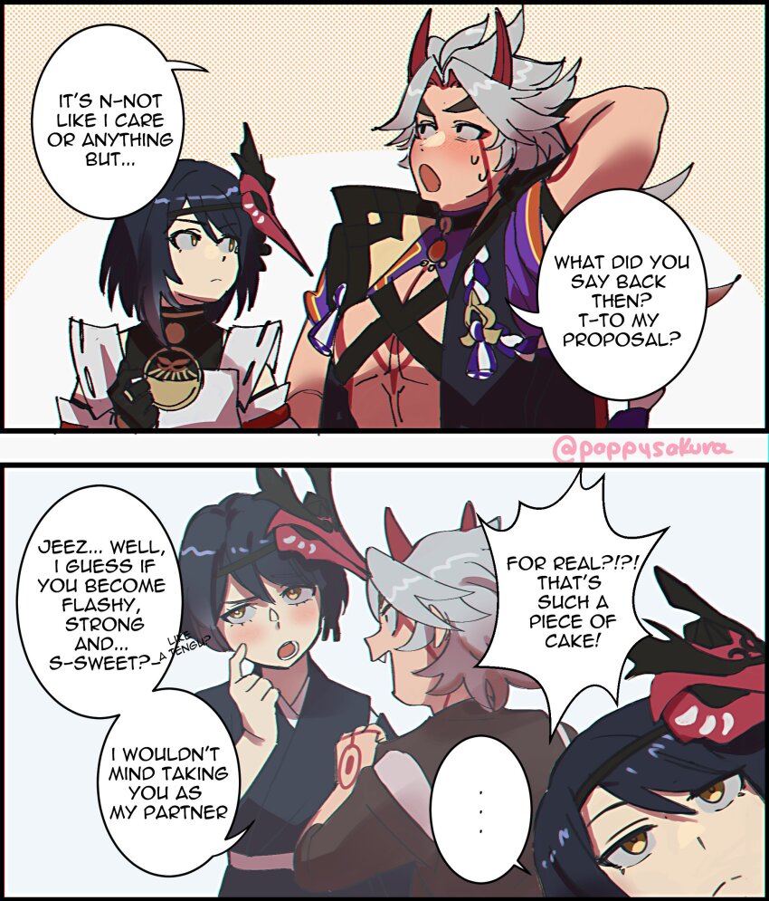 1boy, 1girl, aged_down, arataki_itto, bird_mask, black_hair, blush, english_text