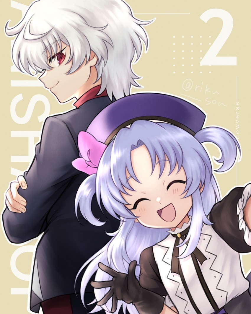 1boy, 1girl, closed_eyes, dress, gloves, grey_hair, highres, jacket