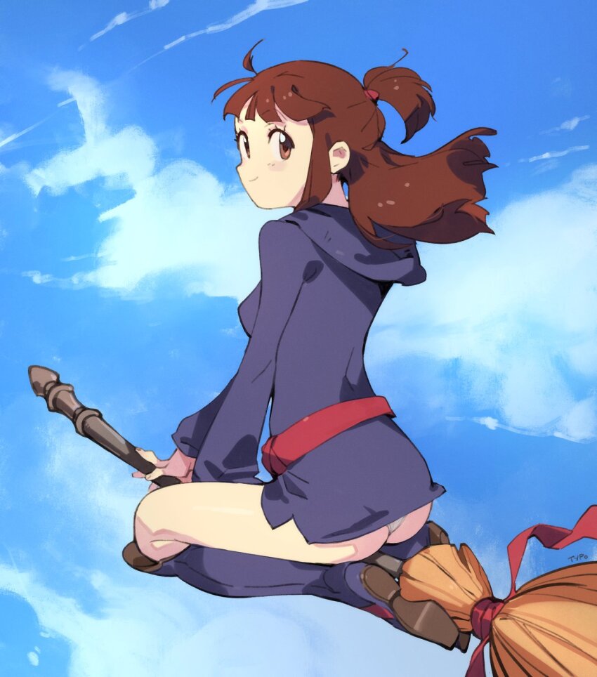 1girl, ass, blue_sky, boots, broom, broom_riding, brown_eyes, brown_hair