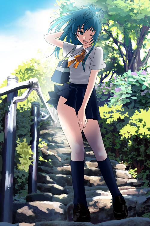 1girl, blue_eyes, blue_hair, female_focus, leona_heidern, long_hair, matching_hair/eyes, ponytail, sakura_mafumi, school_uniform, snk, solo, the_king_of_fighters