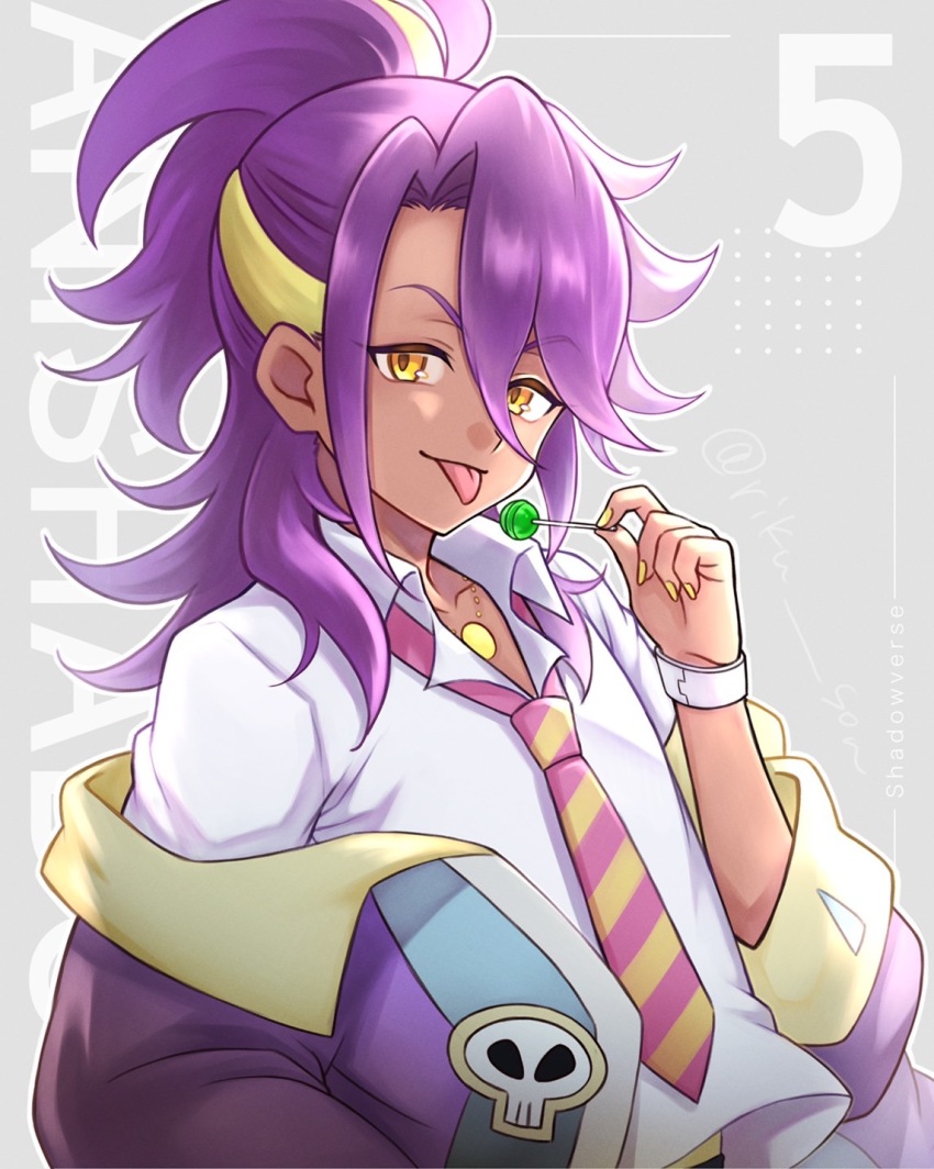 1boy, blonde_hair, candy, food, hazeura_haruma_(shadowverse_flame), highres, jacket, jewelry, lollipop, necklace, necktie, purple_hair, purple_jacket, riku_son, shadowverse, shadowverse_(anime), shadowverse_flame, shirt, skull, tongue, tongue_out, white_shirt, yellow_eyes