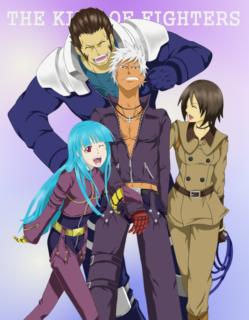 2boys, 2girls, arm_hug, blue_hair, brother_and_sister, brown_hair, cheek_pinching, cross, cross_necklace, dark_skin, highres, holding, holding_whip, jewelry, k'_(kof), knockout_(kimi0228), kula_diamond, long_hair, maxima, multiple_boys, multiple_girls, necklace, one_eye_closed, pinching, short_hair, siblings, snk, the_king_of_fighters, uniform, whip, whip_(kof), white_hair