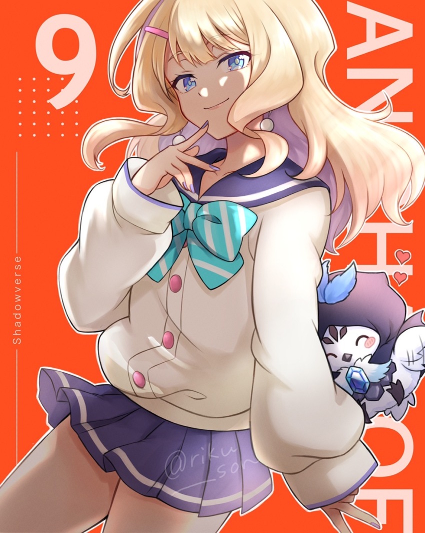 1girl, bare_legs, bird, blonde_hair, blue_eyes, buttons, crystal, english_text