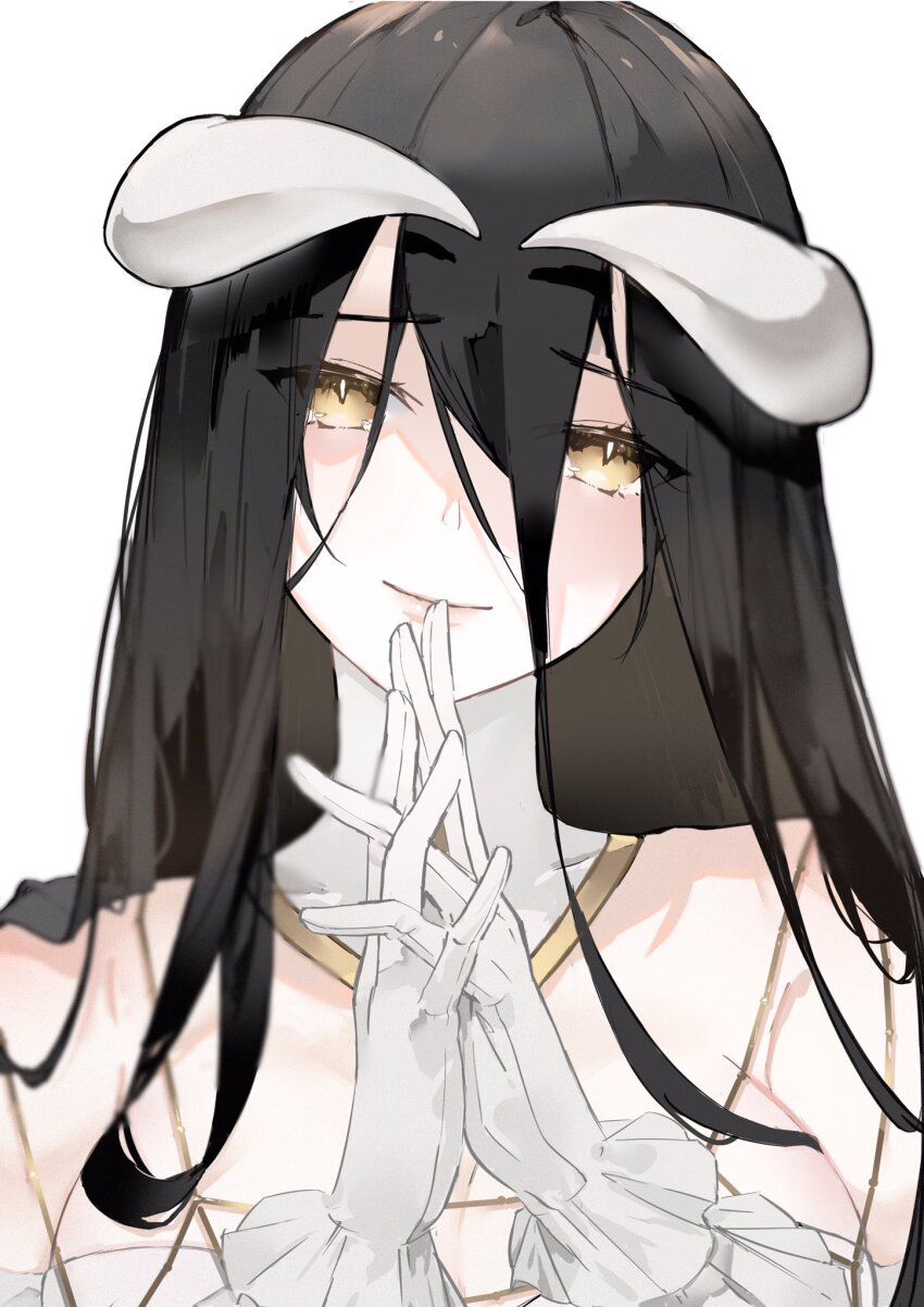 1girl, albedo_(overlord), black_hair, closed_mouth, demon_girl, gloves, hair_between_eyes, head_tilt