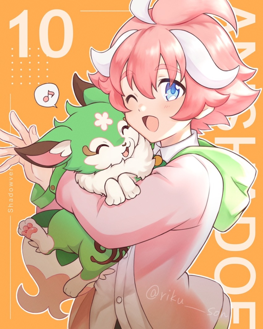 1boy, blue_eyes, english_text, fluffy, fox, highres, hood, hoodie, mitsutagawa_itsuki_(shadowverse_flame), pink_hair, pink_hoodie, riku_son, shadowverse, shadowverse_(anime), shadowverse_flame, smile, speech_bubble, white_hair