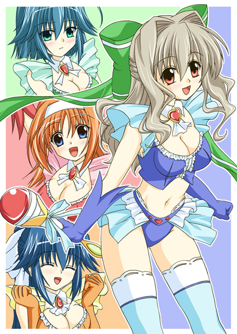 4girls, aisia, alternate_costume, amakase_miharu, bow, breasts, bustier, cleavage