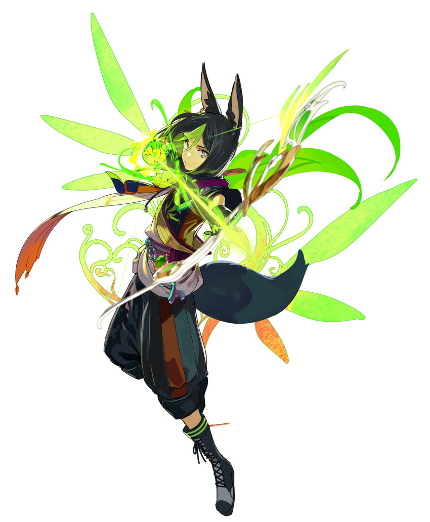 1boy, aiming, animal_ears, black_hair, bow_(weapon), closed_mouth, flower, fox_boy, fox_ears, fox_tail, genshin_impact, gloves, green_hair, highres, holding, holding_bow_(weapon), holding_weapon, hunter's_path_(genshin_impact), looking_at_viewer, male_focus, medal, multicolored_hair, pako_(pakosun), simple_background, solo, tail, tassel, tighnari_(genshin_impact), vision_(genshin_impact), weapon, white_background, yellow_flower