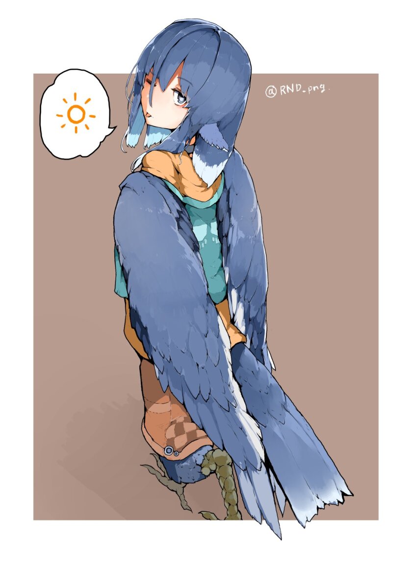 1girl, animal_ears, bird_ears, bird_legs, bird_tail, blue_feathers, blue_hair, blue_wings