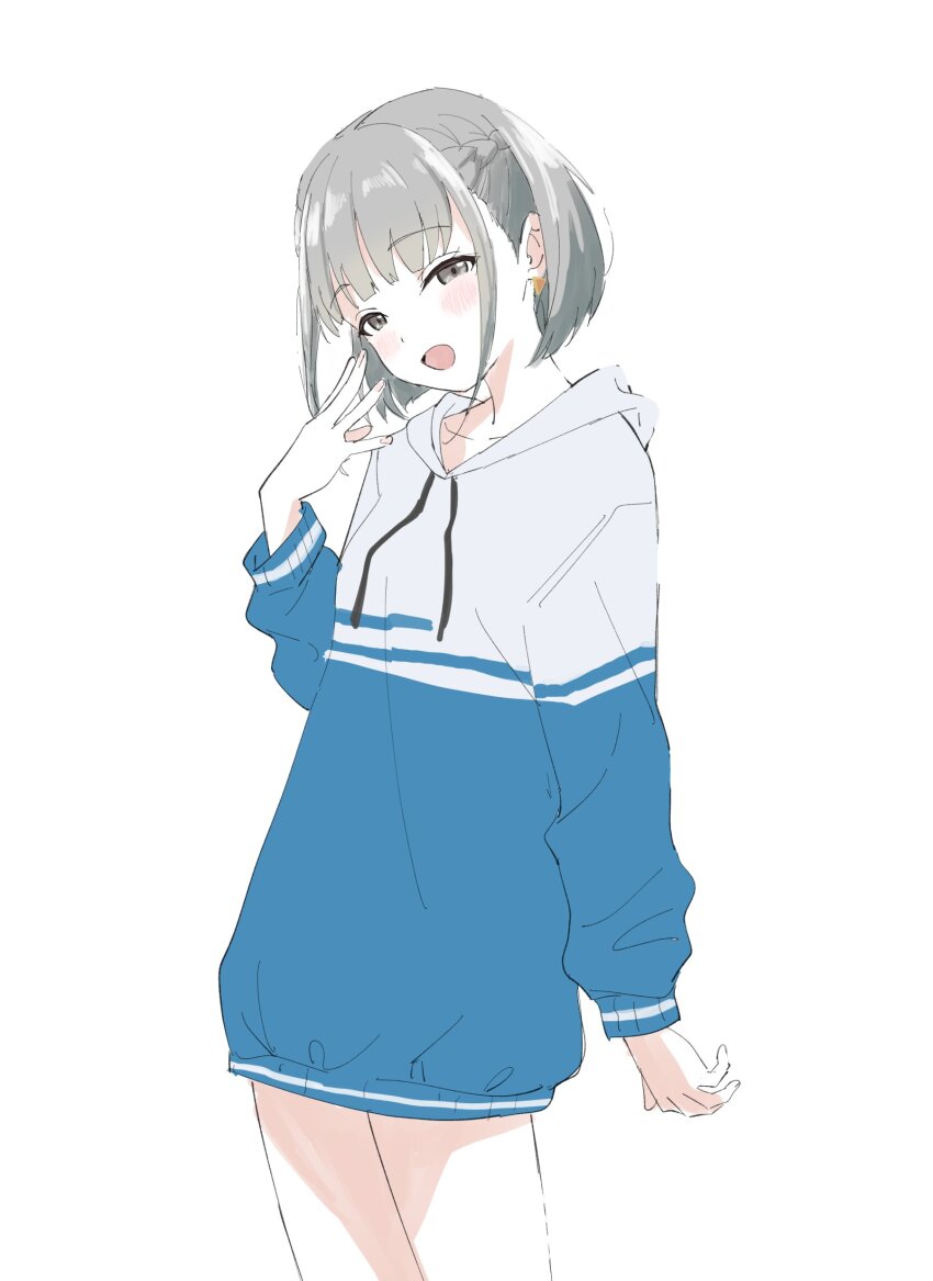 1girl, :d, absurdres, blue_hoodie, blush, earrings, grey_eyes, grey_hair