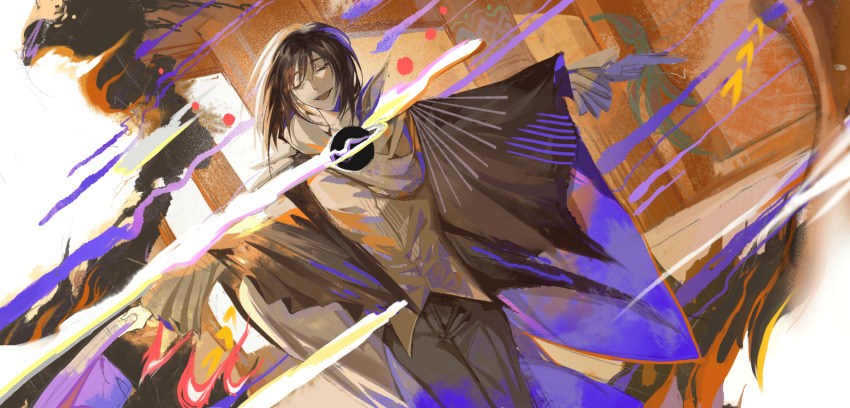 1boy, abstract_background, absurdres, angel, baicumikuo, black_hole, brown_pants, brown_robe