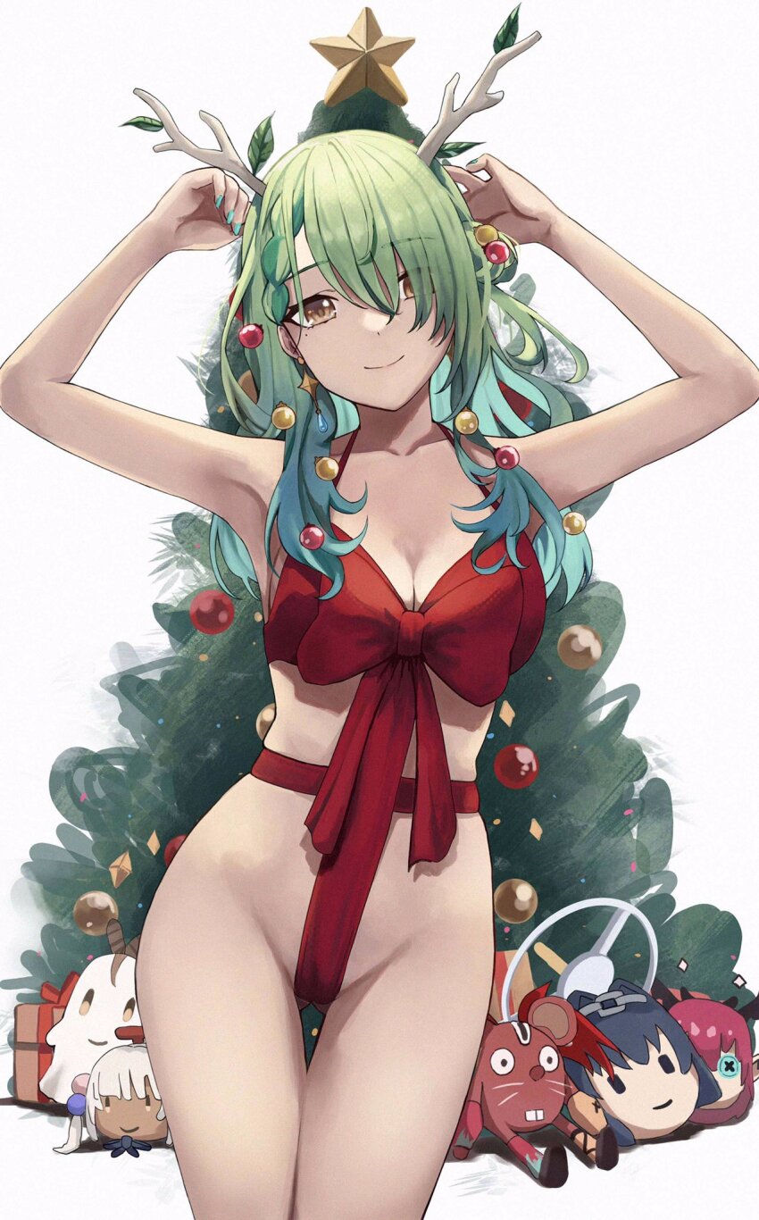 1girl, antlers, arms_up, boomei_(nanashi_mumei), bow, bra, braid, braided_bangs, breasts, ceres_fauna, christmas, christmas_star, christmas_tree, cleavage, collarbone, cowboy_shot, crotch_strap, dollrys_(irys), earrings, flower, gift, gluteal_fold, green_hair, green_nails, hair_flower, hair_ornament, hair_over_one_eye, hakos_baelz, halloween_baelz, highres, hololive, hololive_english, horns, irys_(hololive), jewelry, large_breasts, leaf, long_hair, looking_at_viewer, mole, mole_under_eye, nail_polish, naked_ribbon, nanashi_mumei, ouro_kronii, red_bra, red_ribbon, ribbon, sana_worm_(tsukumo_sana), side_braid, simple_background, smile, solo, star_(symbol), star_earrings, thigh_gap, thighs, tree, tsukumo_sana, underwear, vicarious, virtual_youtuber, white_background, yellow_eyes, yukkronii_(ouro_kronii)