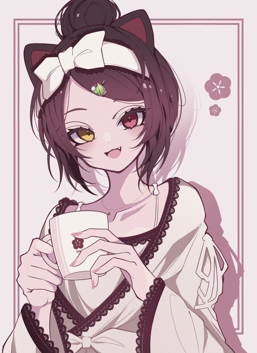 1girl, absurdres, animal_ears, bathrobe, bow, bow_hairband, brown_hair, coffee_mug