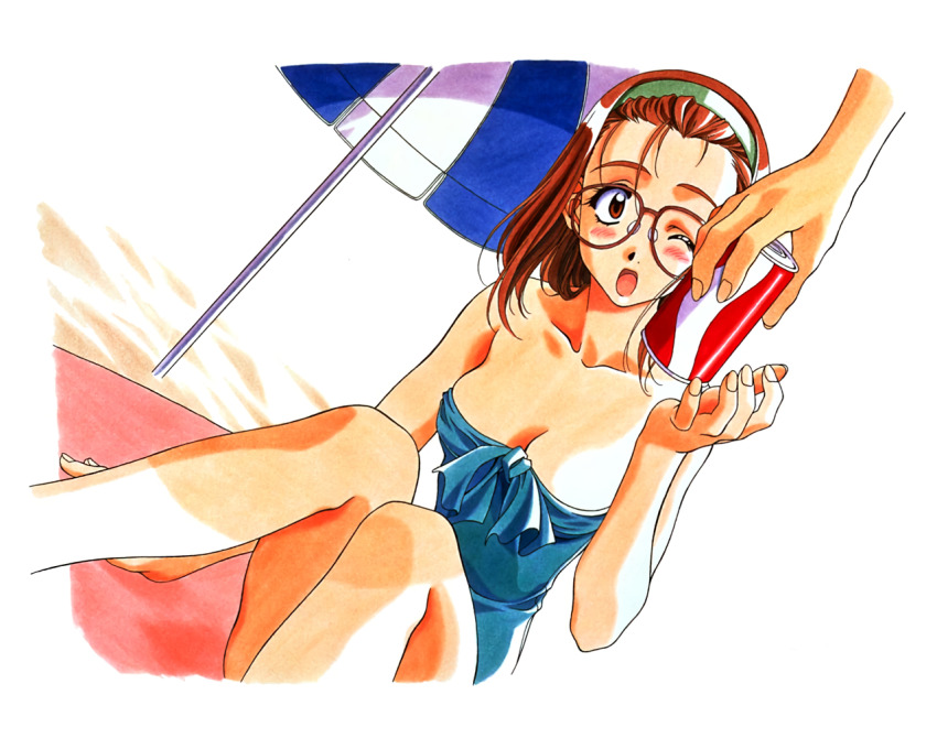 1990s_(style), 1girl, arm_support, bangs_pinned_back, bare_shoulders, beach, beach_towel, beach_umbrella